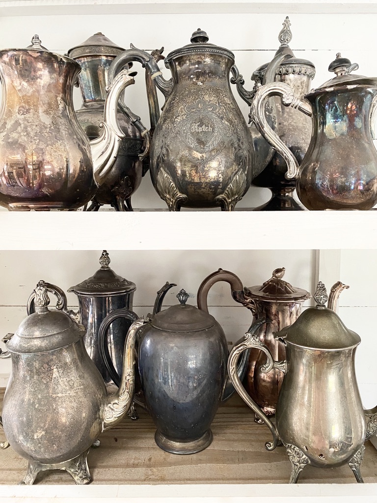An instant collection of vintage silver teapots of all shapes, sizes, and patinas