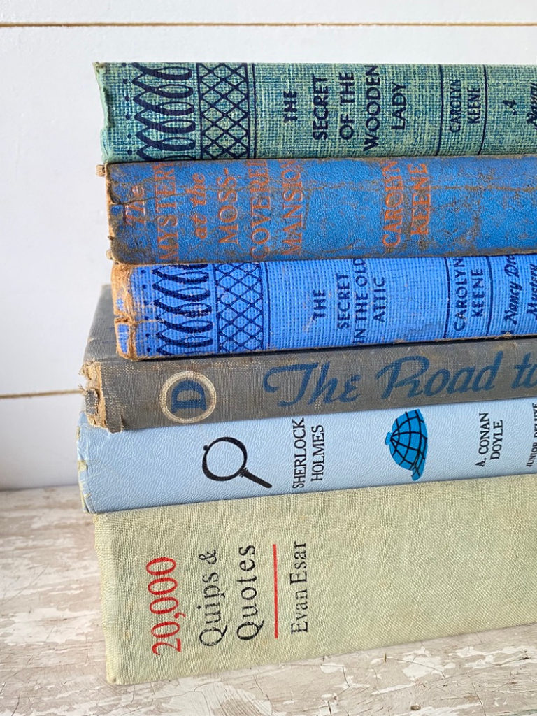 Stack of blue vintage books as winter decor