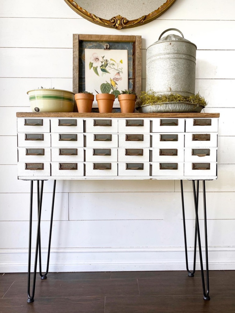 Metal drawers repurposed as a console table on hair pin legs